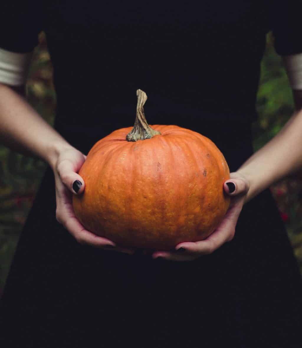 Woman with black finger nail polish and black dress cradling a an orange pumpkin with both hands in front of her picture to represent 2020 Hashtags 