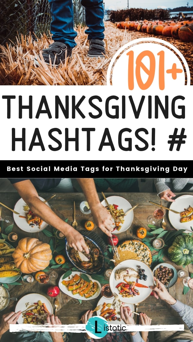 collage for 2020 hashtags Photograph of child walking on hay bales near pumpkin patch and photograph below of family fixing plates for a thanksgiving dinner.