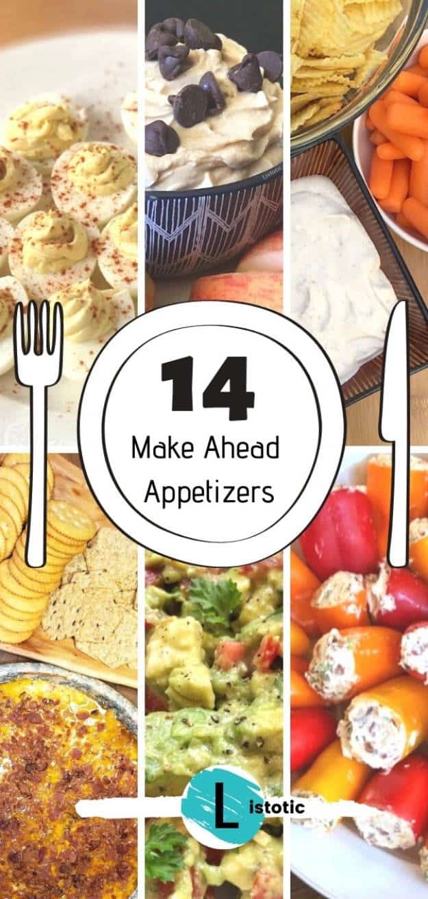 Recipes and ideas for easy make ahead appetizer foods like little smokies, fruit dip, cracker dip and veggie dip