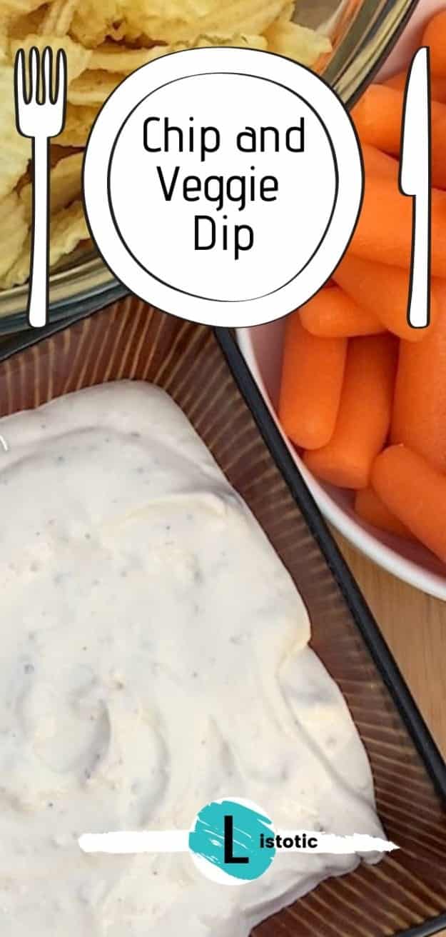 crunchy orange carrots and creamy white chip dip with salty potato chips on a party appetizer table.
