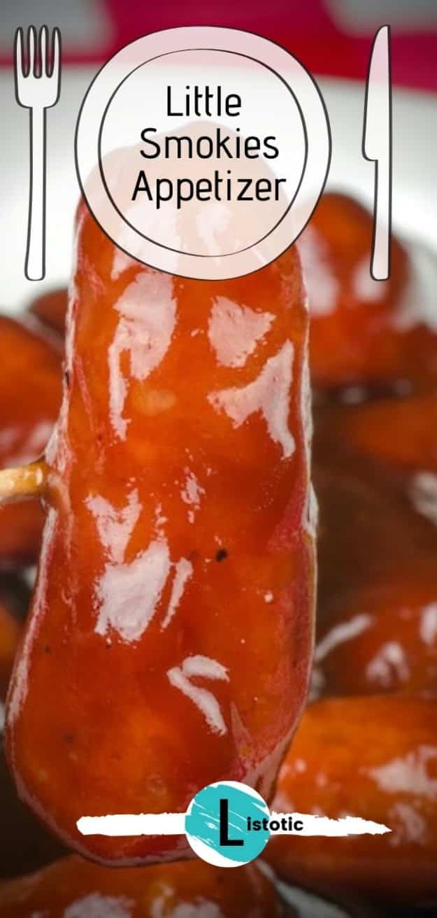 Savory crockpot bbq little smokies on a toothpick for a simple party appetizer