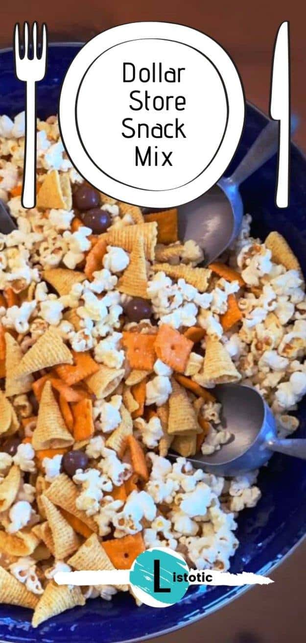 large bowl with scoops of crunchy salty and sweet snacks for a party