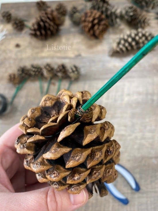 Pine cone with wire attached to base and floral pick attached to wire