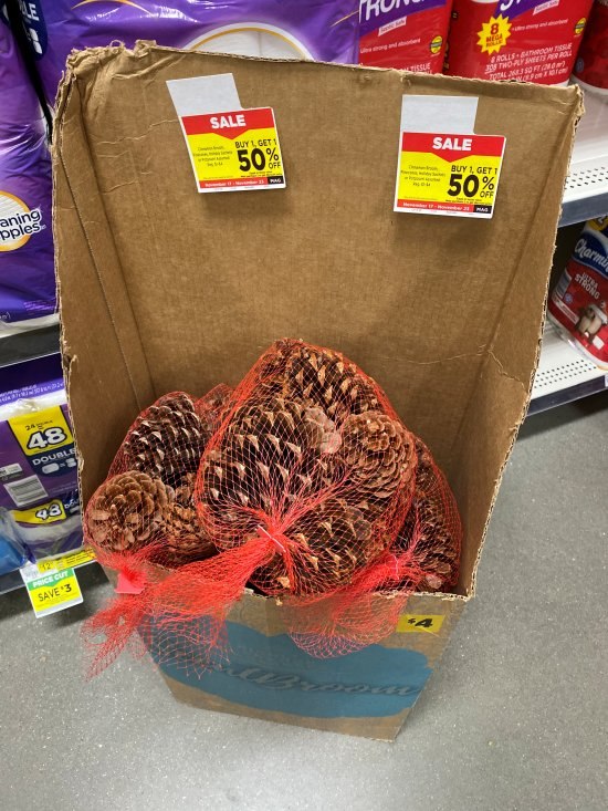 store display of bags of cinnamon scented pinecones