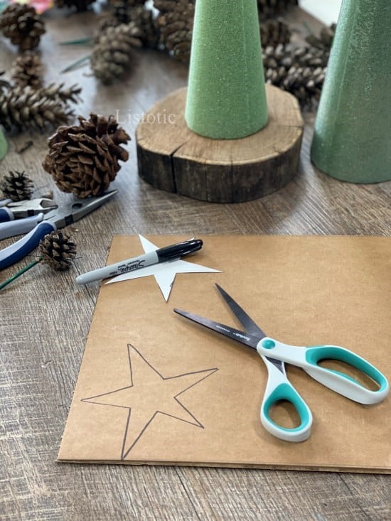 Traced outline of star shape on cardboard Pine cone christmas tree craft
