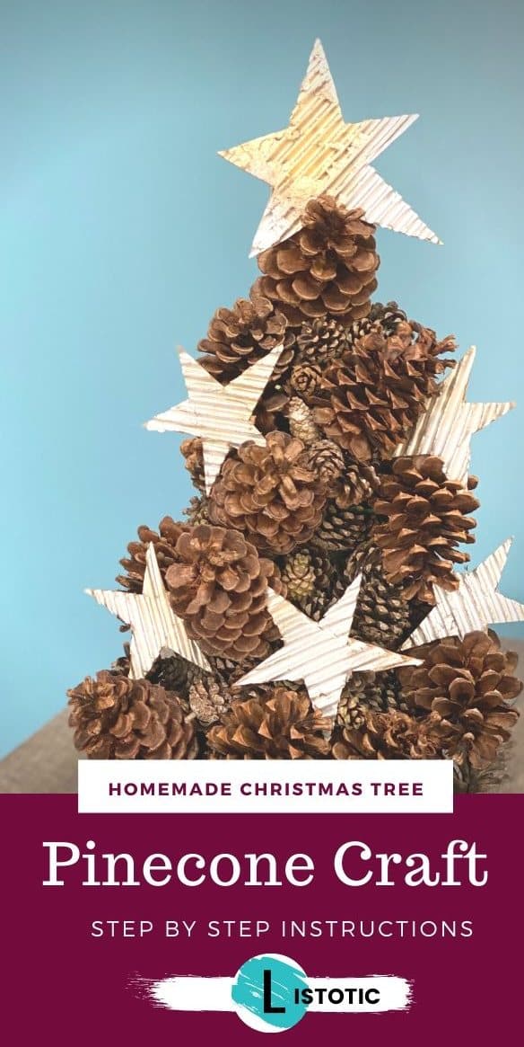 Pinecone tree decorated with rustic cardboard stars