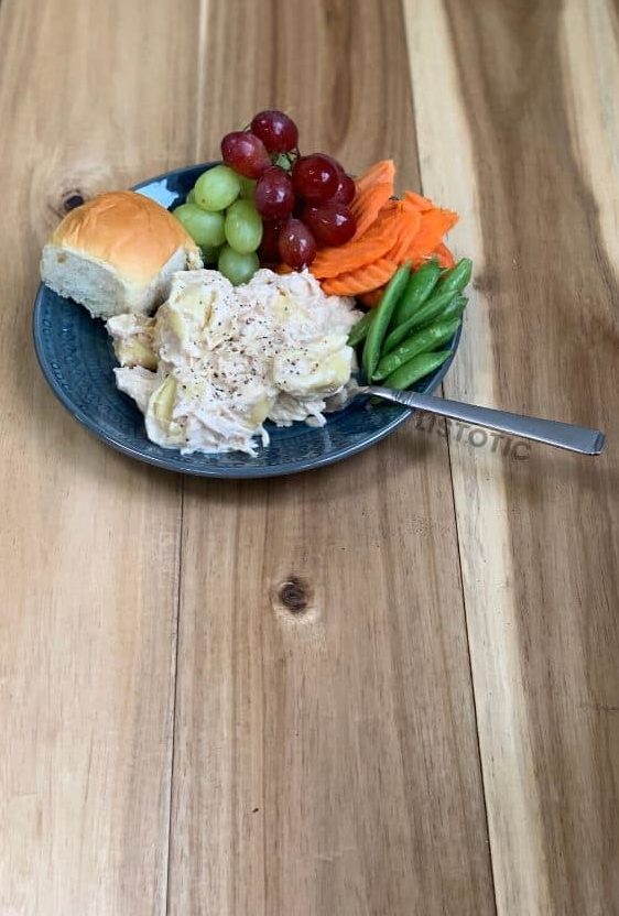 dinner plate with crock pot chicken Alfredo and healthy veggies and fruit