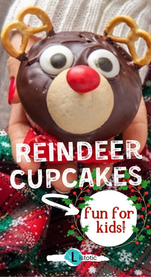 person holding a holiday treat with a cute reindeer face and chocolate frosting, pretzel antlers and m&m nose