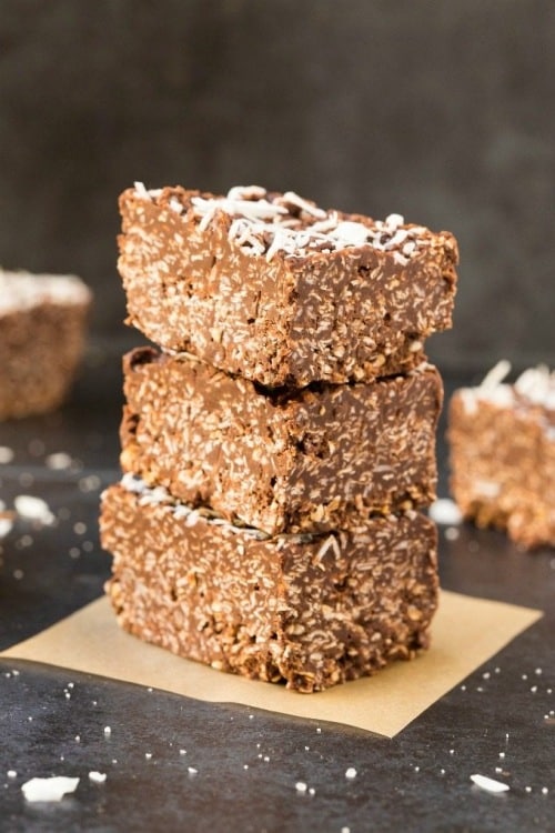 Low carb quick and easy homemade chocolate coconut brunch bars with nuts, coconut, chocolate, peanut butter, honey.