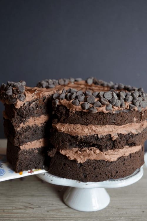 Three layer frosted death by chocolate cake with chocolate chip layered border perfect for the chocolate lover and keto dieter.