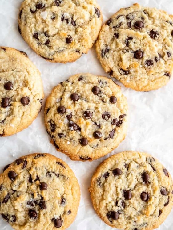 A tray of half dozen chewy salted chocolate chip cookies with mini chocolate chips - gluten free and keto friendly.