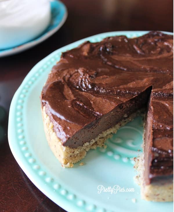 Decadent and rich homemade roasted hazelnut Nutella flavored chocolate pie for a keto friendly diet.