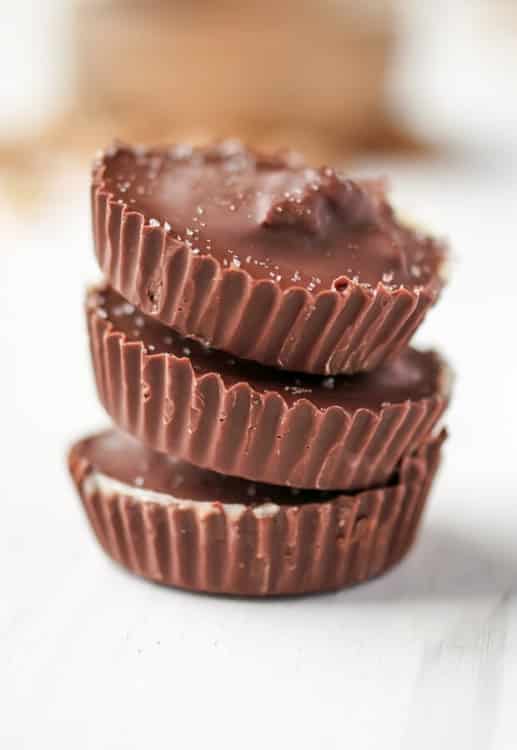 A set of 3 chocolate covered salted toffee nut cups.