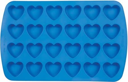 Blue silicone tray with heart shaped molds for baking and crafting