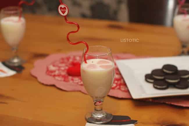 Glass with strawberry Milk Ice Cubes for valentines day treats