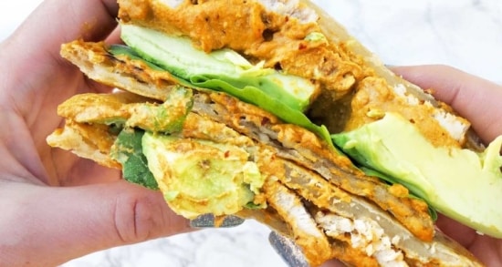 Keto-friendly cheesy Butternut squash quesadilla filled with avocado.