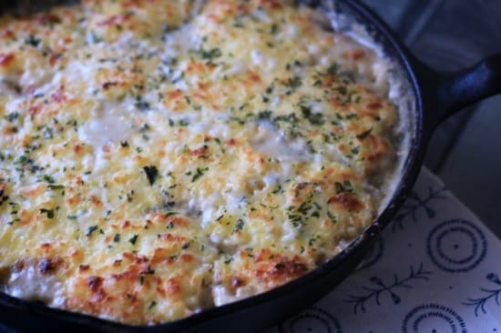 Rich and creamy keto friendly, low carb chicken pot pie with broiled cheese.