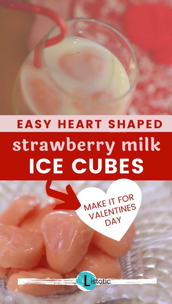 Valentines Day breakfast drink of milk with frozen strawberry milk ice cubes
