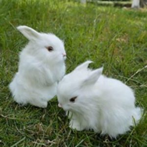 Two realistic Easter bunny decorations on the grass.