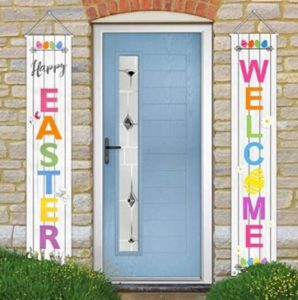 Easter party welcome banners hanging on opposite sides of a blue door.