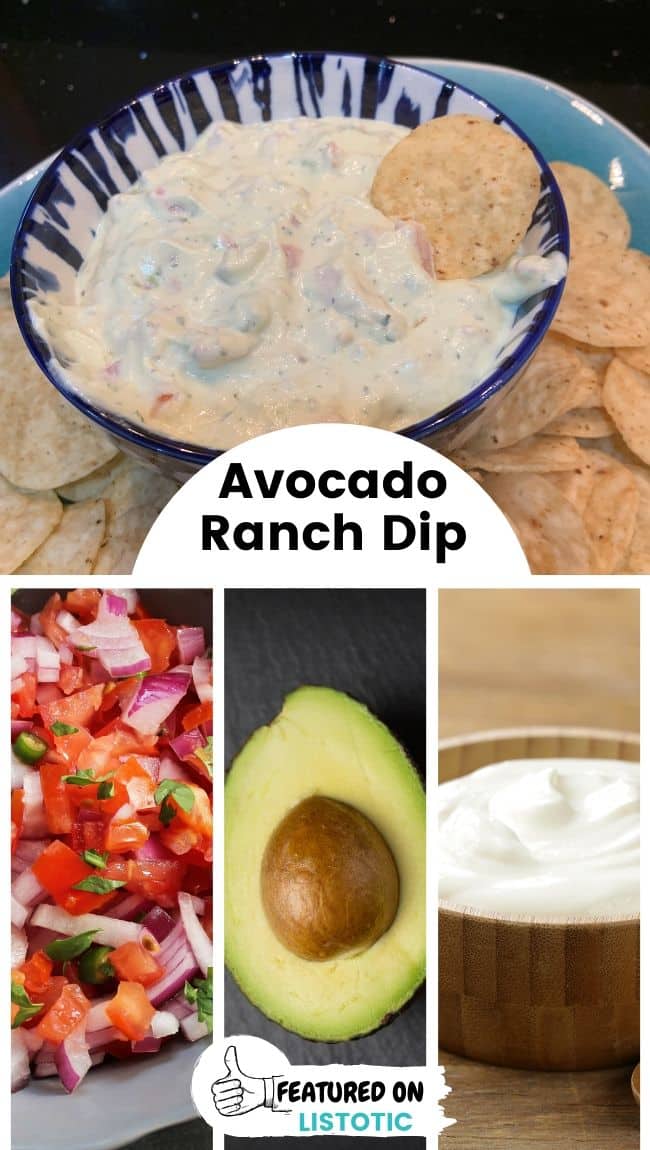 Some avocado ranch dip served in a bowl surrounded by tortilla chips.