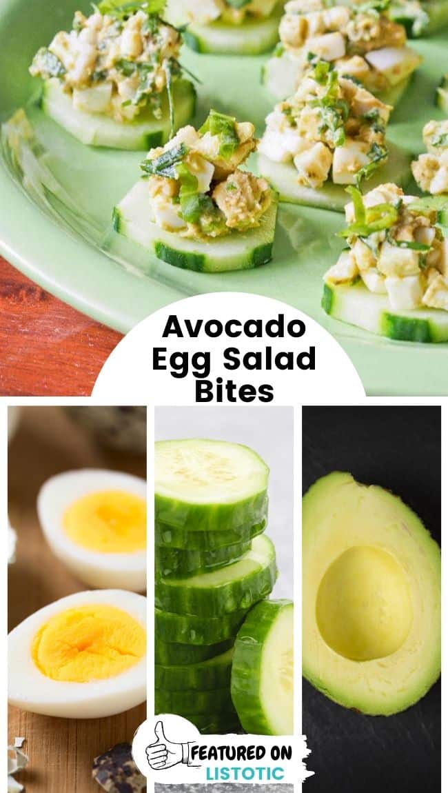 A green platter containing several avocado pesto egg salad bites.