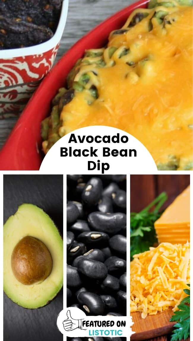 Avocado and black bean dip with tortilla chips on the side.