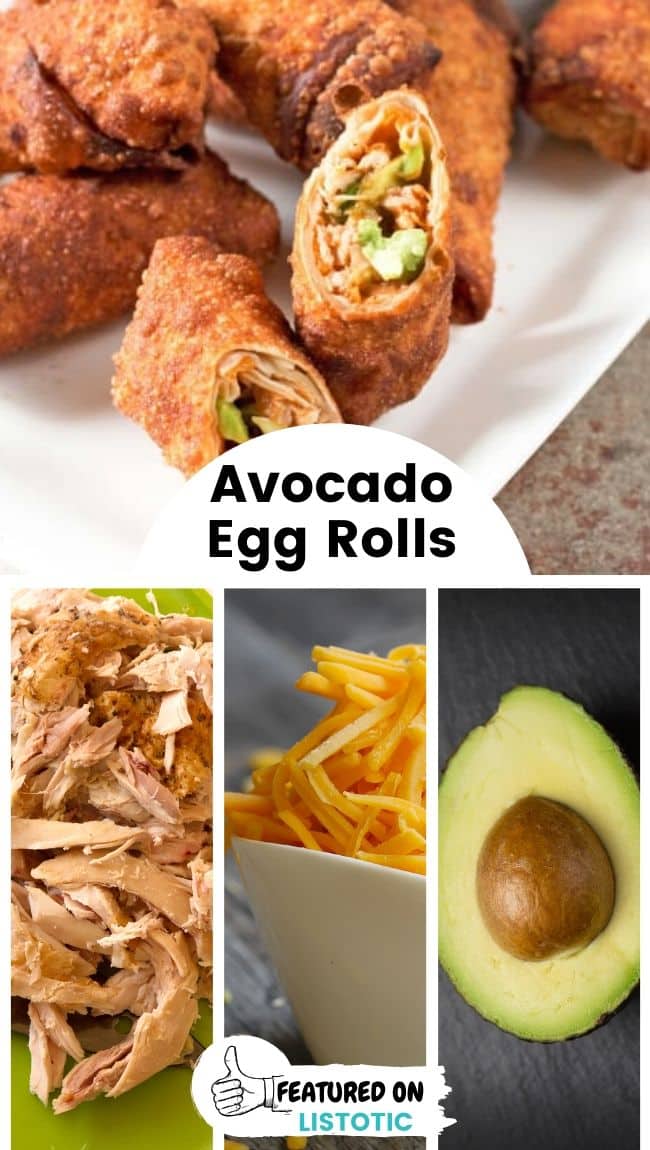 A platter displaying several avocado egg rolls with bbq chicken.