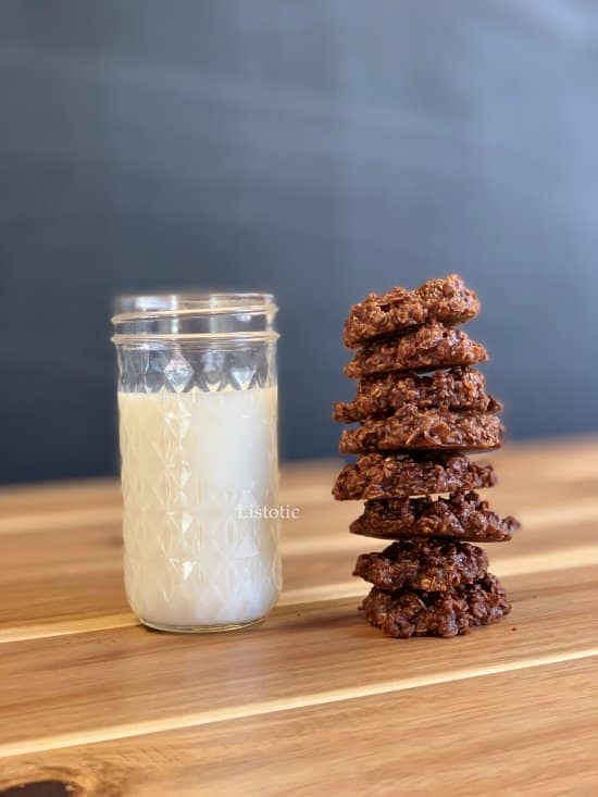 no-bake chocolate cookie with a glass of milk. 