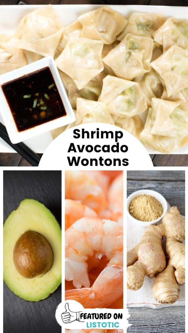A plate full of steamed shrimp avocado wontons with ginger sauce on the side.