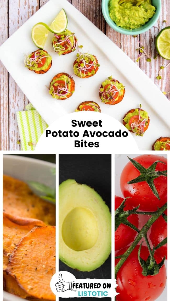 A spread of several sweet potato and avocado bites on a rectangular plate.