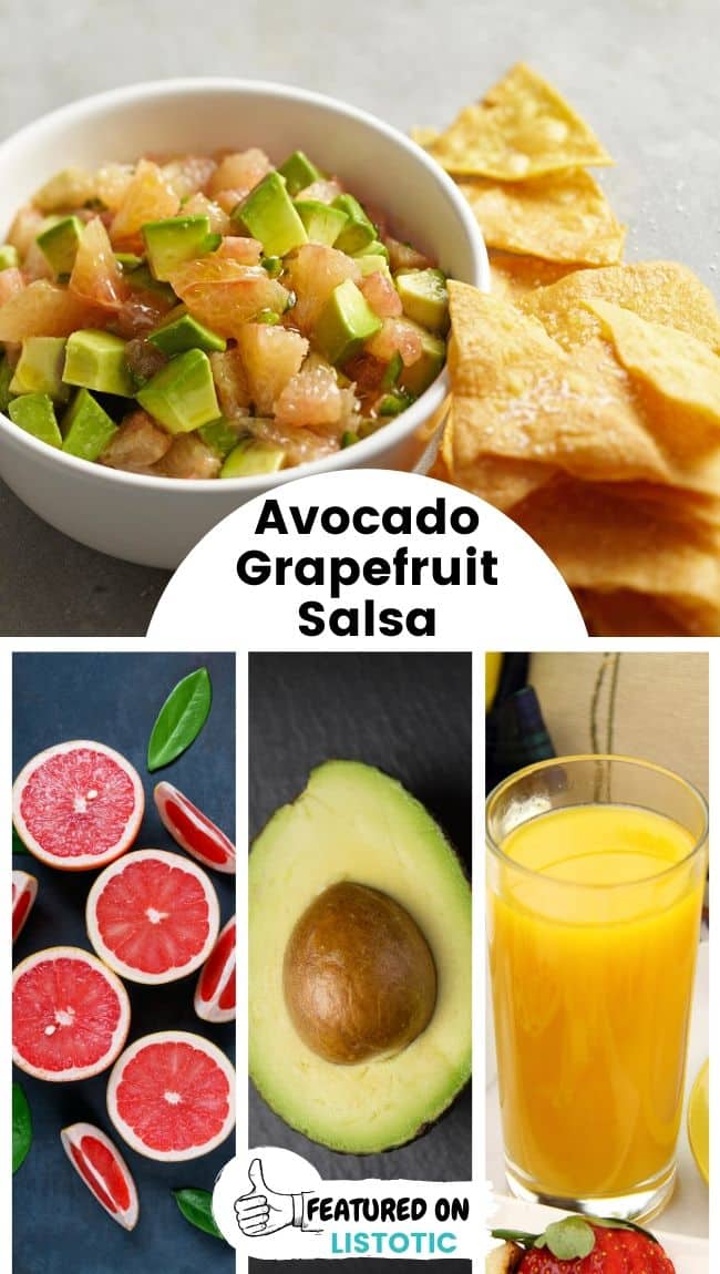 A bowl of avocado grapefruit salsa with tortilla chips to the side.