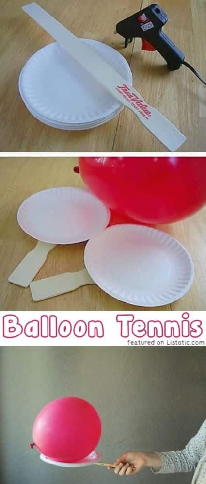 A Easy game idea of Balloon tennis is made by gluing paper plates to paint sticks and tossing a balloon from person to person. 