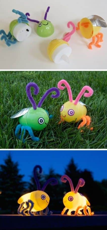Fun outdoor craft idea using Easter eggs flame less lights and pipe cleaners. DIY a firefly for outdoor summer fun