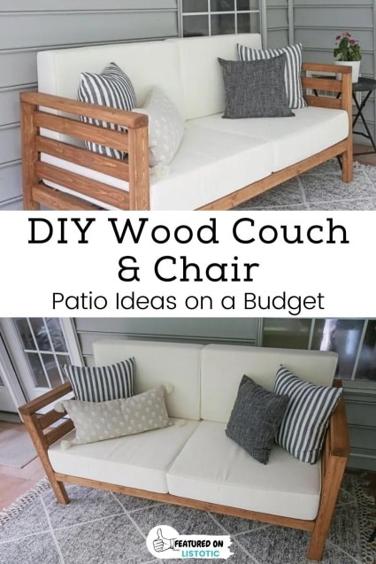 DIY wood couch and chair backyard living.