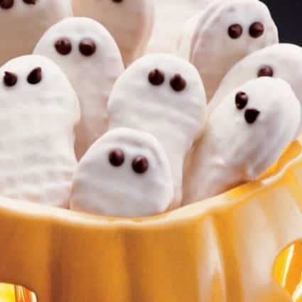 Nutter Butter Ghost Cookies with store bought peanut butter cookies made into cute ghost faces for a Halloween Party Treat