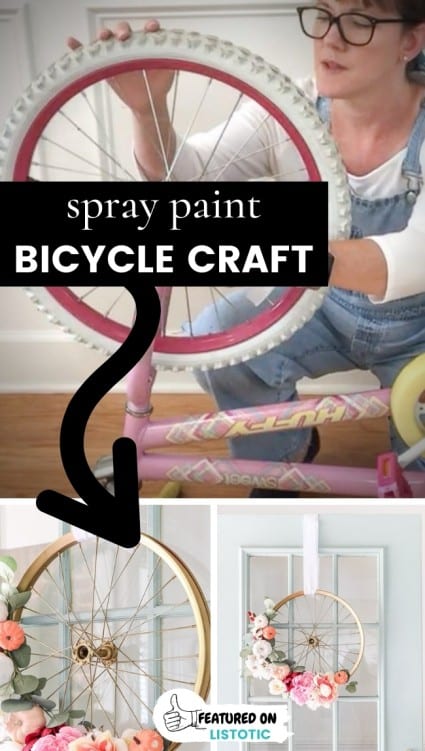 fun spray paint bicycle craft idea for making a front door wreath. Woman taking the rim off of a old child's bicycle to create a front door wreath spray painted gold. 