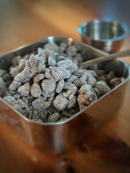 Muddy Buddies Peanut Butter Snack Mix in metal dish