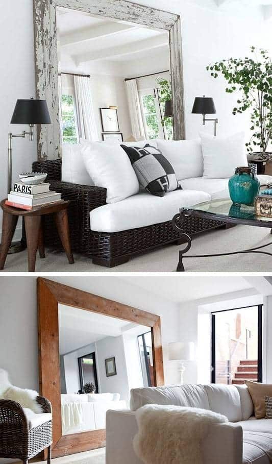 Small space hack large mirrors to create the illusion of a larger room these two images show a large mirror behind the sofa. 