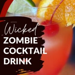 Up-close look at a cold glass of zombie Bacardi mixed drink with garnishes