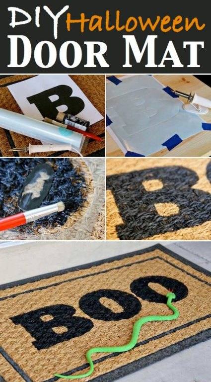 Homemade Halloween Doormat that says BOO in black marker
