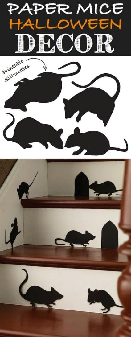 Free Printable Halloween cut outs of Mice on steps for DIY Halloween Decor in a Halloween House