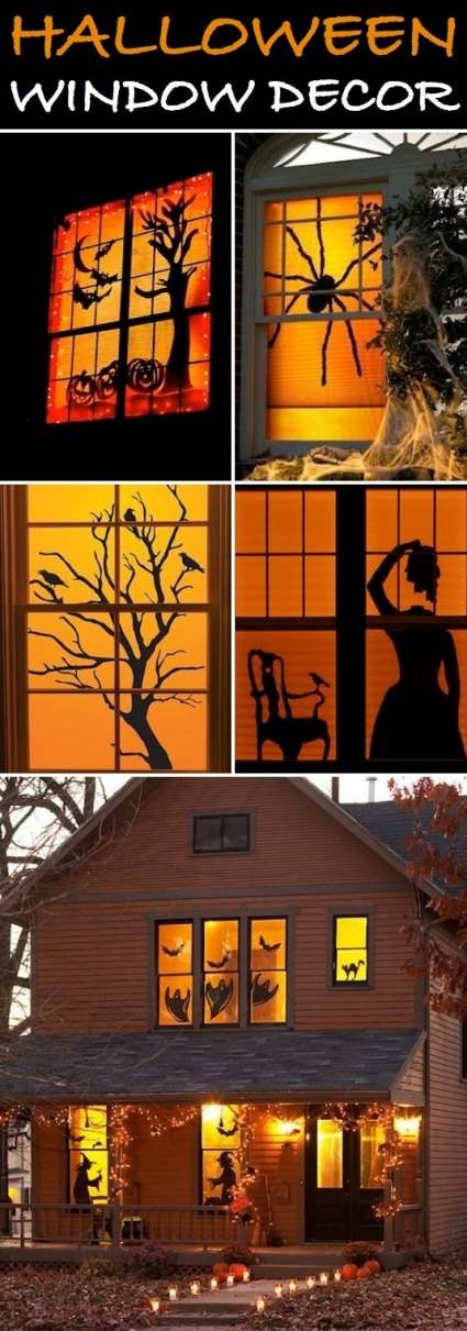 Homemade Halloween Window Decorations for a Halloween house. Creepy silhouettes of spooky Halloween creatures taped in the windows of a home