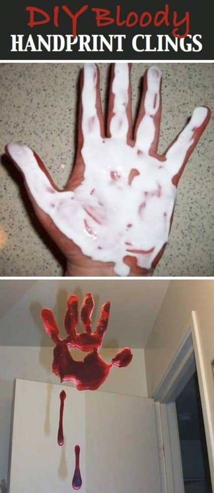 creepy homemade Halloween decorations using glue and red dye to make a bloody looking handprint on a window