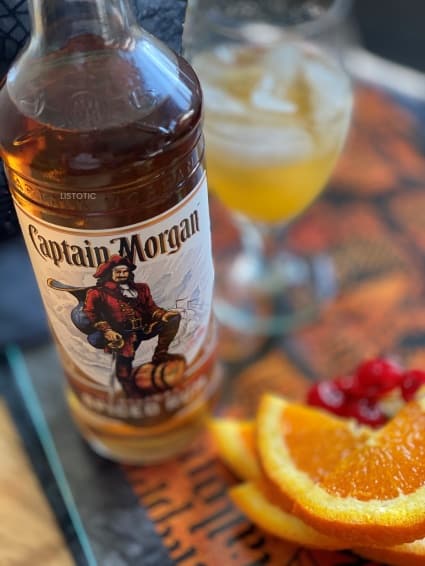 Bottle of spiced Captain Morgan rum on a Halloween party table