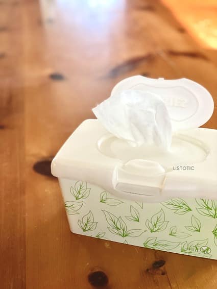 open box of DIY Lysol Wipes on a clean wood table