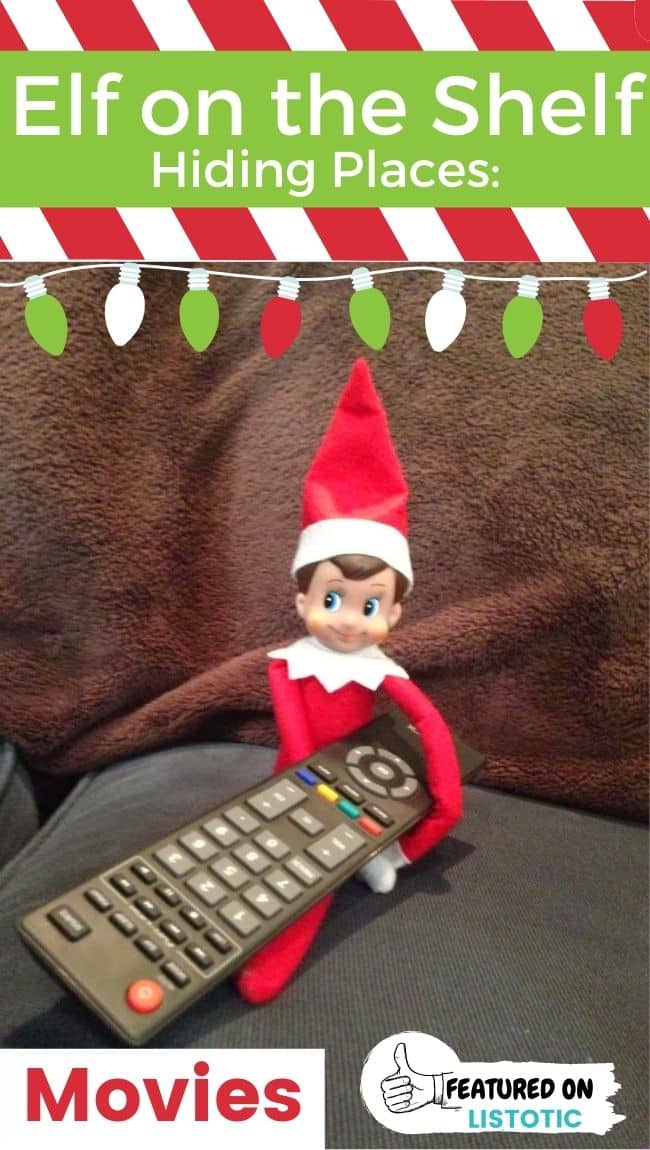 Elf on the shelf holding a TV remote.