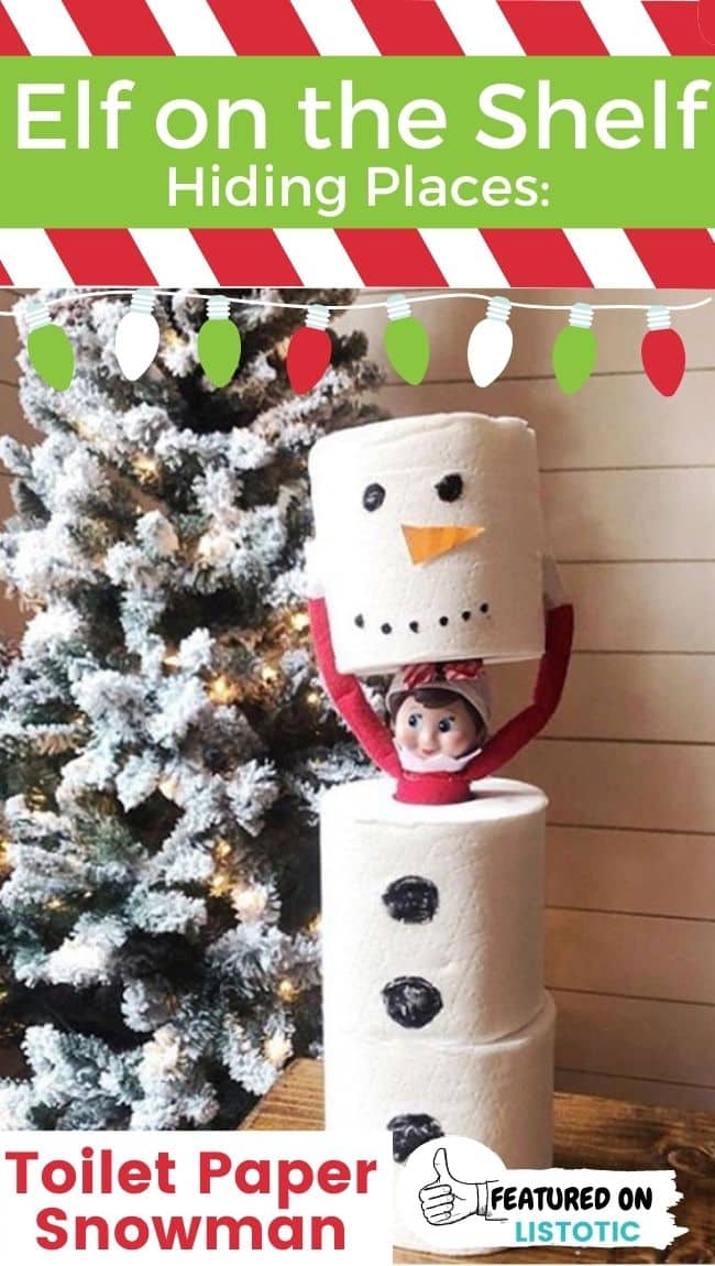 An Elf on the Shelf doll disguised as a toilet paper snowman.