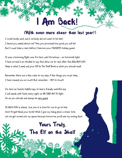 Printable letter from the Elf on the Shelf stating the Christmas Elf is back