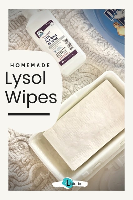 open box of baby wipes and bottle of rubbing alcohol and dawn dish soap to make DIY Lysol Wipes